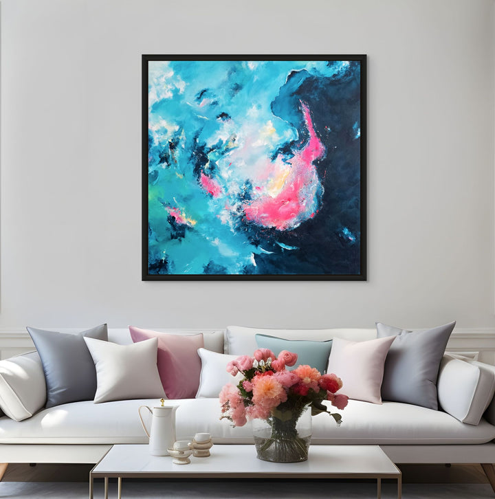 An abstract mixed-media painting in vibrant teal, turquoise, deep navy and neon pink, with layered textures and soft airbrushed transitions creating a swirling, cloud-like composition that shifts between calm spaces and energetic bursts of colour.