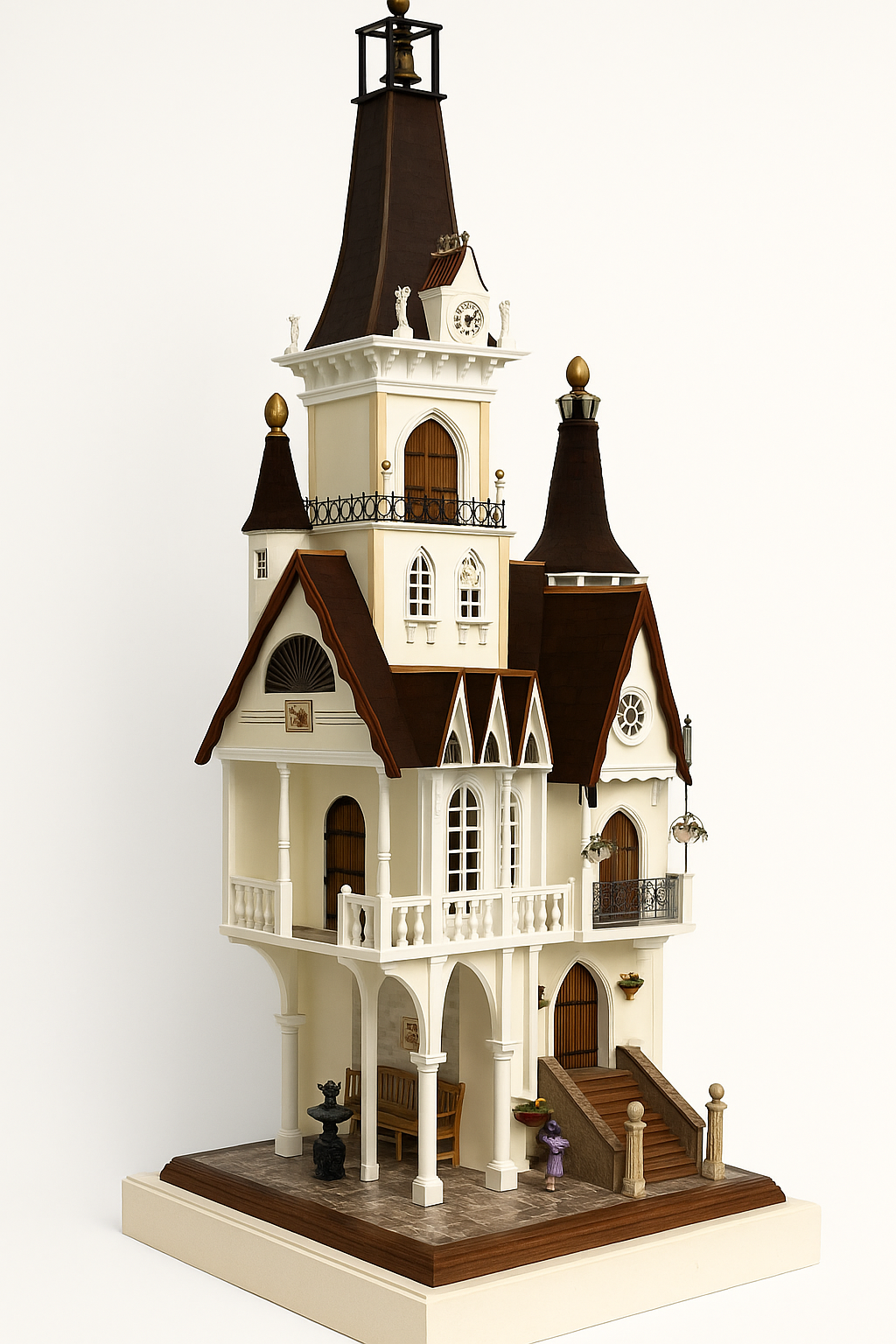 Tall Victorian-inspired dolls house with clock tower, arched windows, balconies, and intricate handcrafted details.