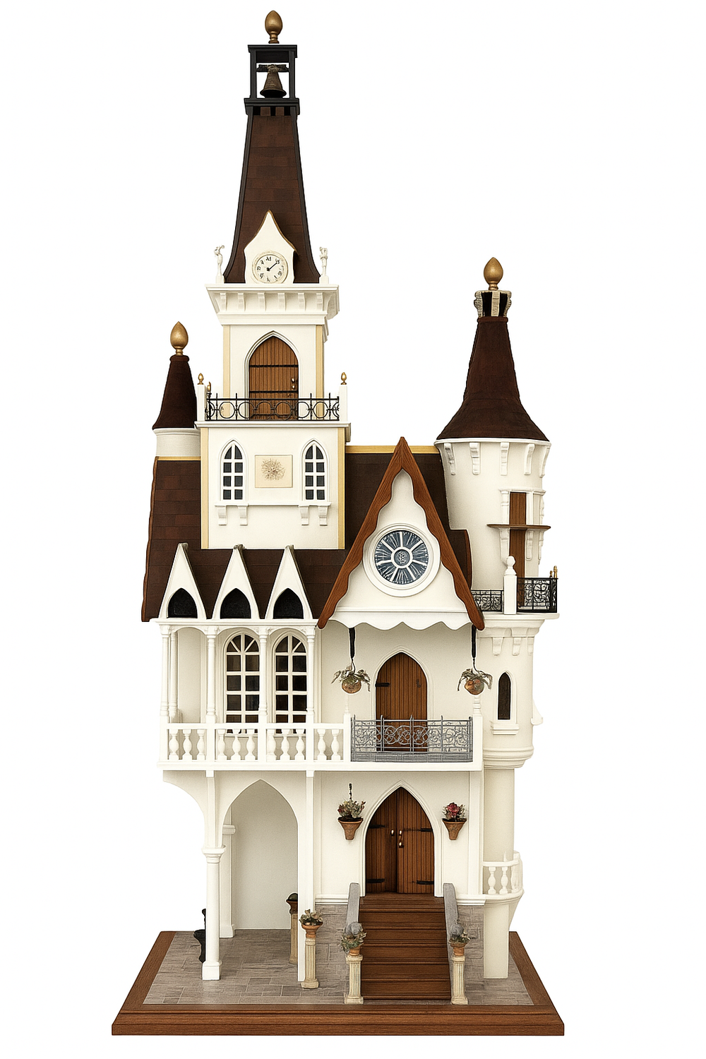Tall Victorian-inspired dolls house with clock tower, arched windows, balconies, and intricate handcrafted details.
