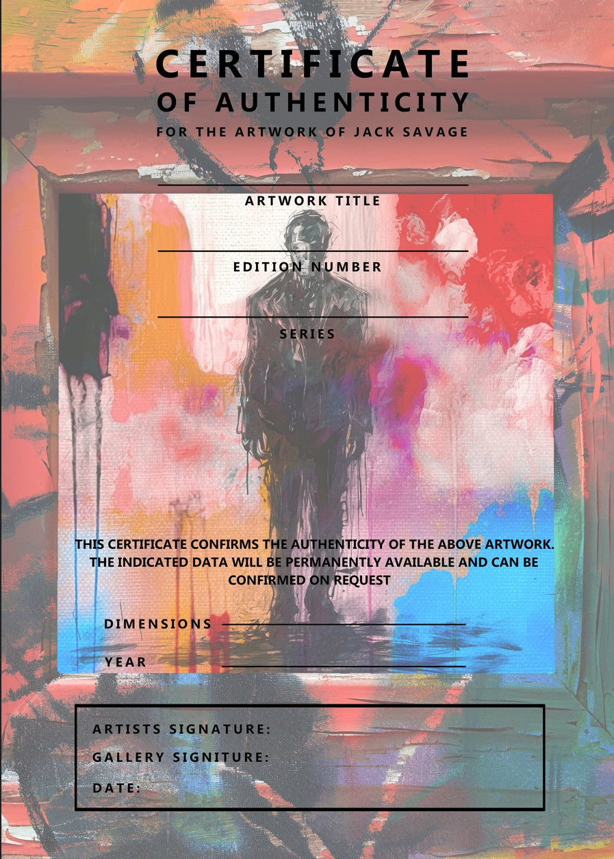 Certificate of authenticity. A striking digital composition of a solitary figure in a suit standing in a vividly abstract, painted corridor. The central figure is rendered in monochrome, contrasted by a riot of expressive textures, bold brushstrokes, and intense colour—ranging from red and orange to cobalt blue and emerald green—evoking both isolation and energy.