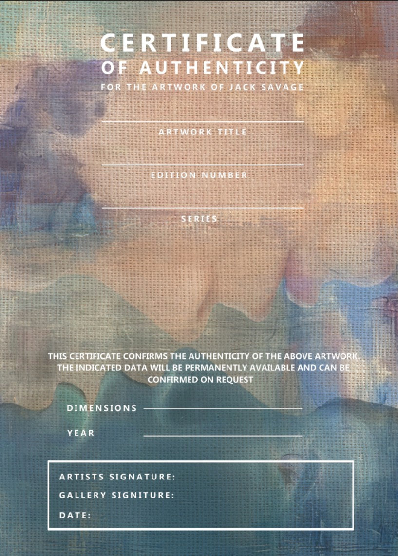 Certificate of authenticity. Softly layered digital composition blending figurative forms and ethereal textures. Two semi-transparent figures appear to float within a dreamlike haze of pastel pinks, blues, and greens. The canvas weave shows through, enhancing the tactile illusion and sense of memory, intimacy, and emotional distance.