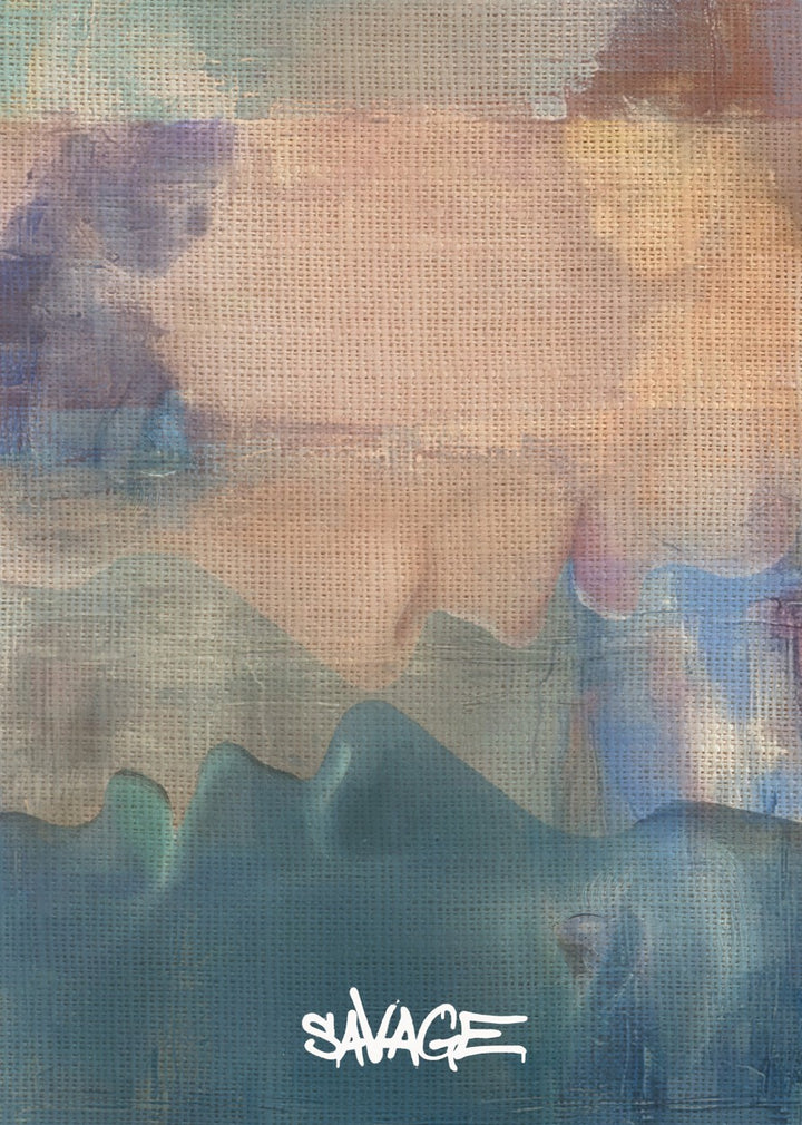 certificate of Authenticity, Surreal digital collage by Jack Savage featuring a fragmented female face composed of photographic eyes, nose, and lips layered across vibrant, torn bands of red, turquoise, and blue. The textured background pulses with marbled streaks of crimson, violet, and bronze tones, enhancing the emotional intensity and urban aesthetic of the piece.