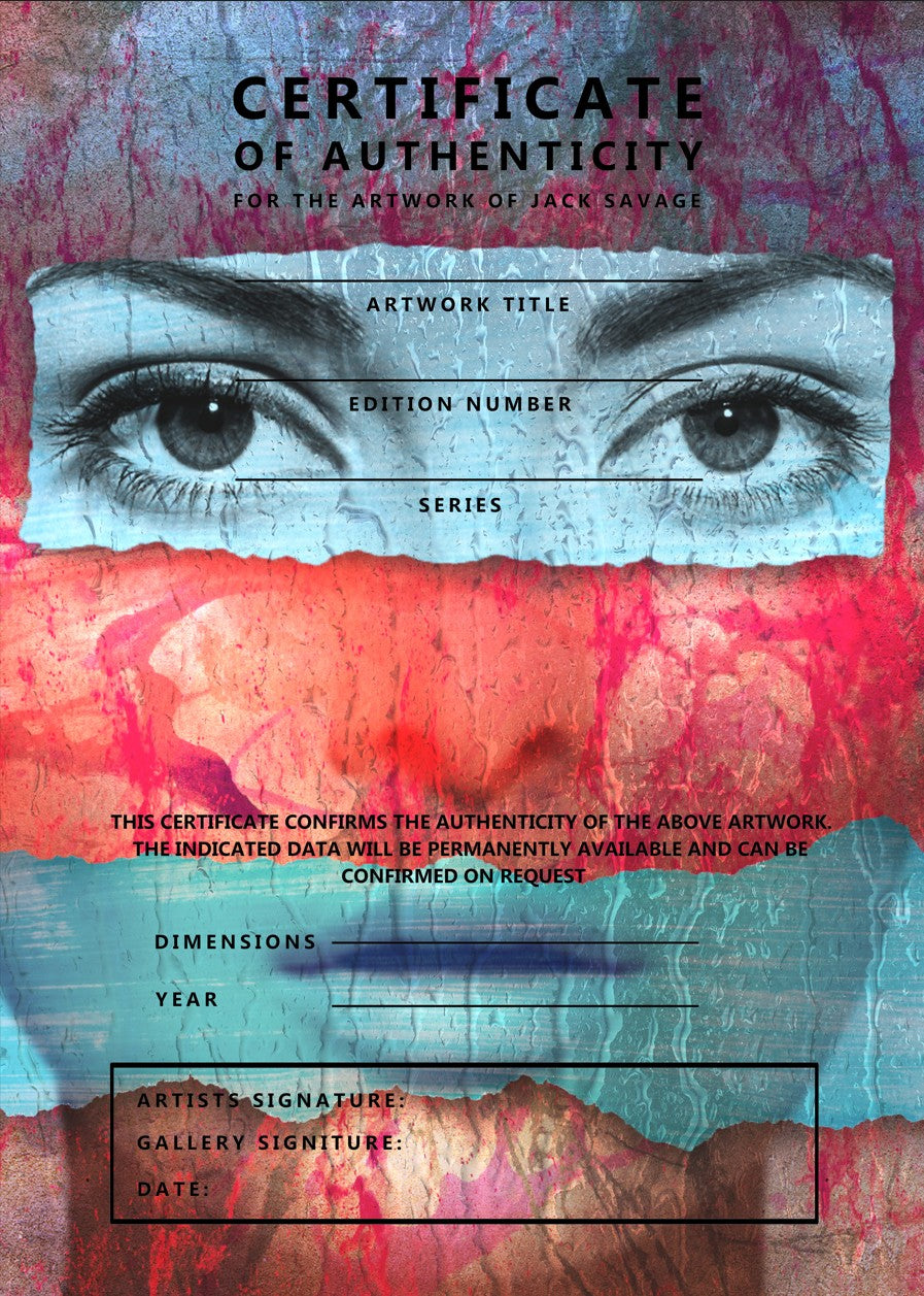 certificate of Authenticity, Surreal digital collage by Jack Savage featuring a fragmented female face composed of photographic eyes, nose, and lips layered across vibrant, torn bands of red, turquoise, and blue. The textured background pulses with marbled streaks of crimson, violet, and bronze tones, enhancing the emotional intensity and urban aesthetic of the piece.