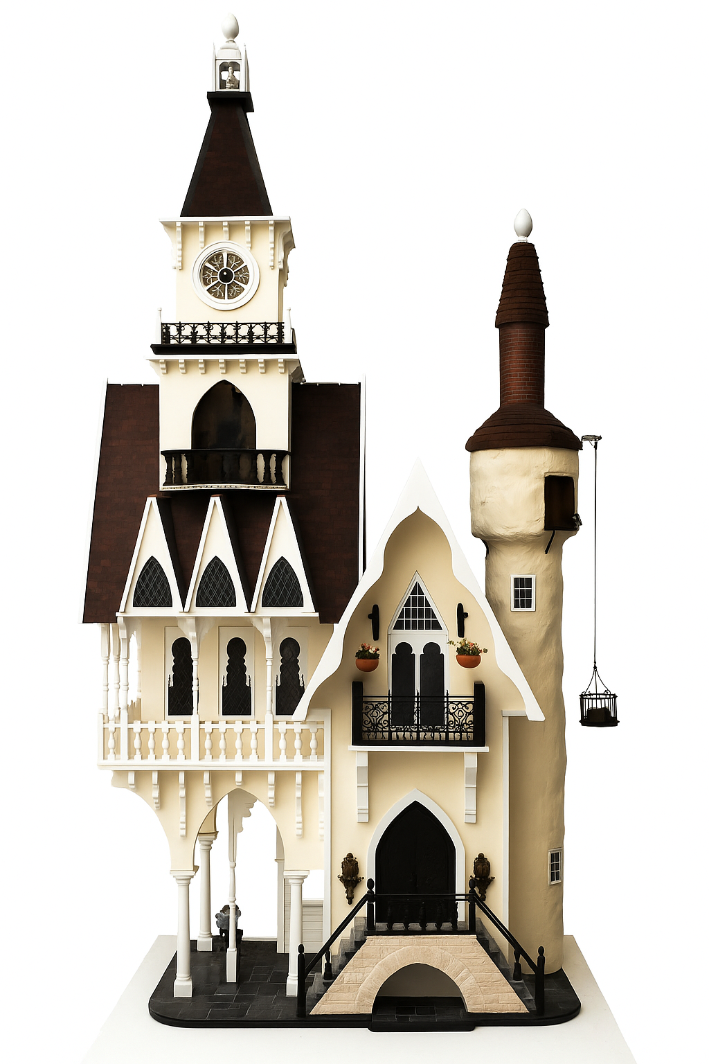 Victorian-style dolls house with tall central tower, arched windows, ornate balconies, and intricate woodwork details.