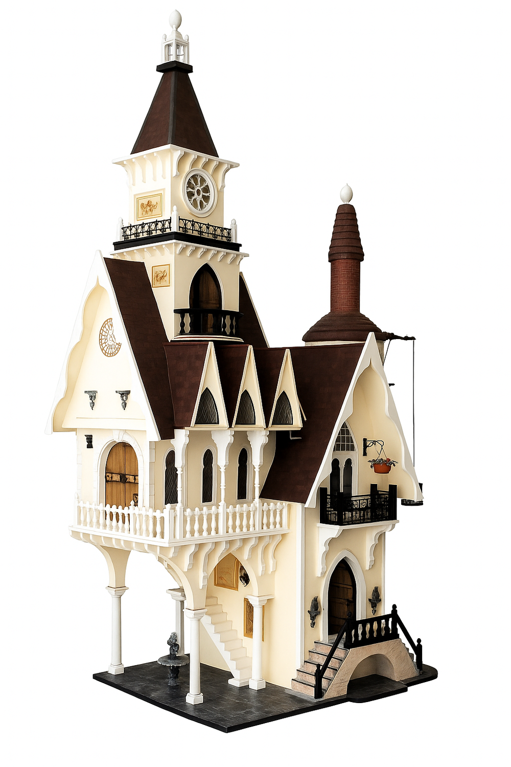 Victorian-style dolls house with tall central tower, arched windows, ornate balconies, and intricate woodwork details.