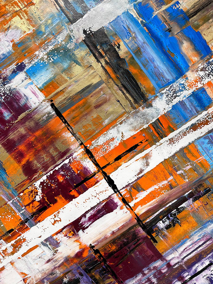 Large abstract painting “Harmonia” by Swarez — layered intersecting lines and blocks in vivid cobalt blue, burnt orange, gold, white and black, with deep royal purple and burgundy undertones. Strong white cross overlay creates depth and structure across a richly textured enamel surface.