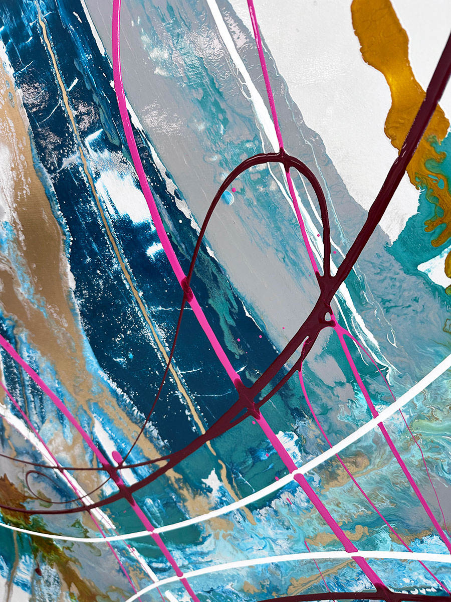 Large abstract painting “Anthus” by Swarez — layered arcs and sweeping semi-circles created with poured enamel paint in deep teal, turquoise, navy blue, warm gold, taupe, light grey, ivory, and accents of vivid magenta and burgundy, finished with a high-gloss, fluid texture on canvas.