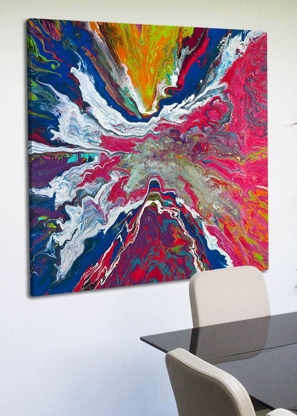 Large square abstract painting “United We Stand” by Swarez — a high-impact explosion of swirling magenta and deep blue blending with metallic gold, copper, turquoise, vivid orange, lime green, crisp white and rich black. Layers of glossy enamel paint radiate outward from the centre in fluid marbled streams, creating a dramatic, multi-directional composition full of energy and movement.