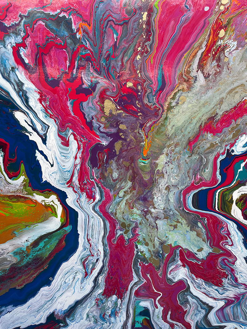 Large square abstract painting “United We Stand” by Swarez — a high-impact explosion of swirling magenta and deep blue blending with metallic gold, copper, turquoise, vivid orange, lime green, crisp white and rich black. Layers of glossy enamel paint radiate outward from the centre in fluid marbled streams, creating a dramatic, multi-directional composition full of energy and movement.