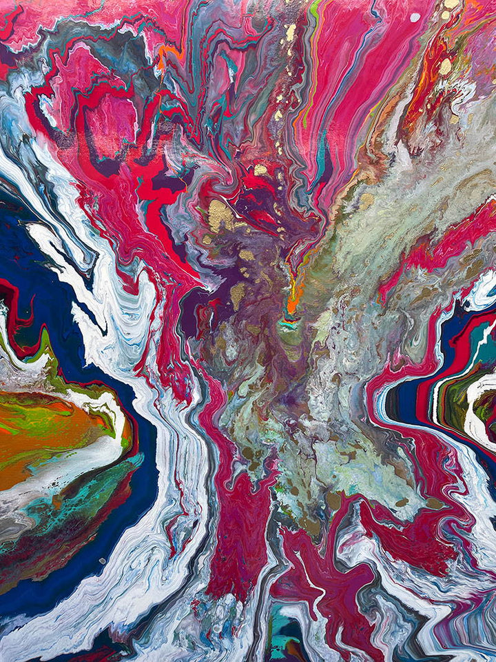Large square abstract painting “United We Stand” by Swarez — a high-impact explosion of swirling magenta and deep blue blending with metallic gold, copper, turquoise, vivid orange, lime green, crisp white and rich black. Layers of glossy enamel paint radiate outward from the centre in fluid marbled streams, creating a dramatic, multi-directional composition full of energy and movement.
