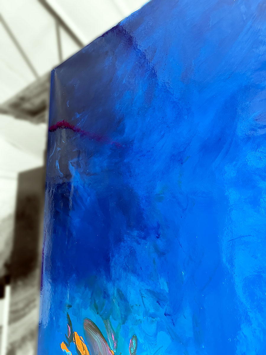 Large abstract painting “Into the Blue” by Swarez — deep ocean-inspired composition with layered shades of cobalt, ultramarine, turquoise, and teal blue. Vivid bursts of fiery orange, vibrant fuchsia, aqua, and rich purple emerge in the centre, with swirling, glossy enamel textures creating movement and depth.