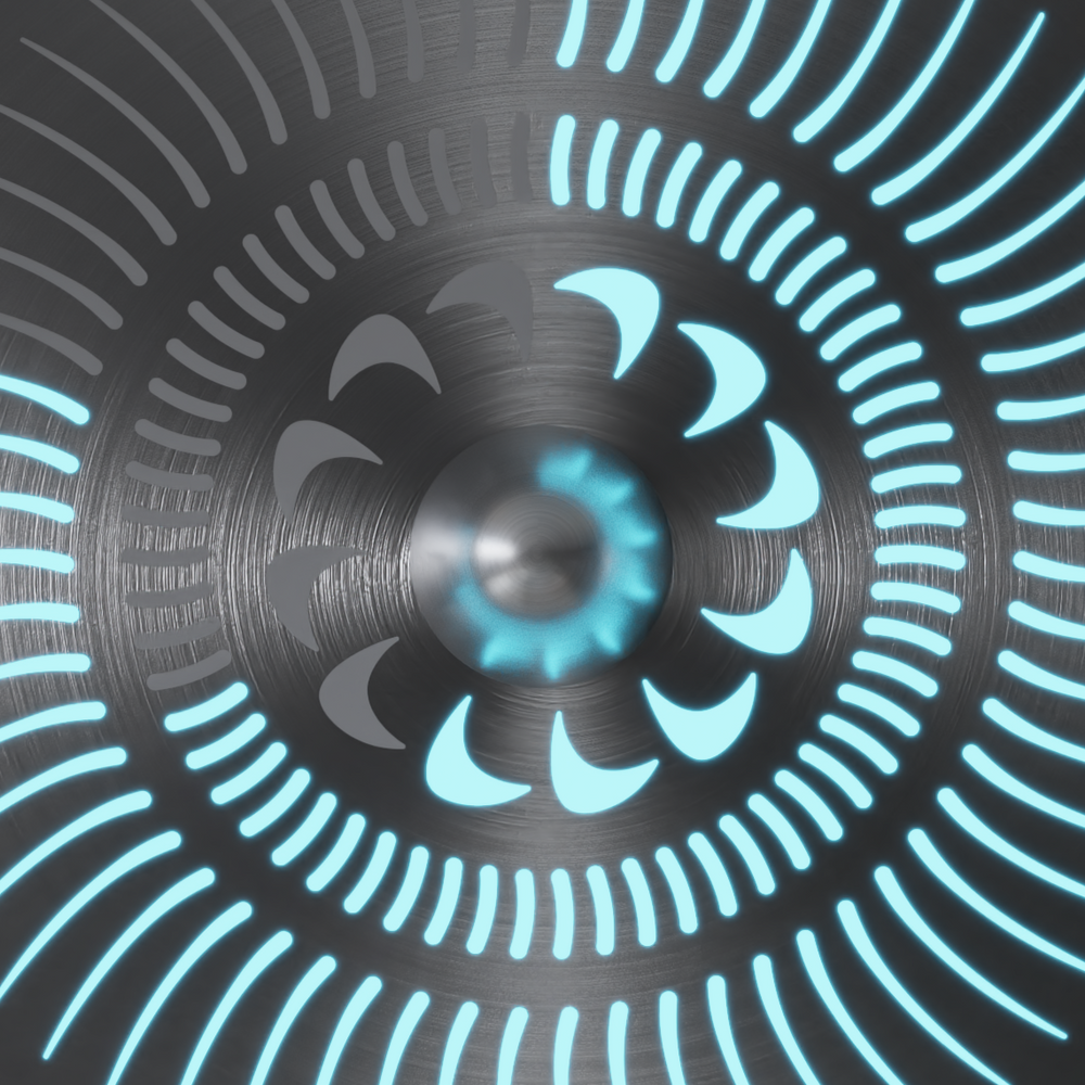 “Tempus Turbine Wall” by Ben Rousseau – a limited-edition illuminated sculpture crafted from polished aluminium and silver mirrored glass with LEDs. Inspired by aviation turbines, it transforms mechanical motion into calm, rhythmic light.

