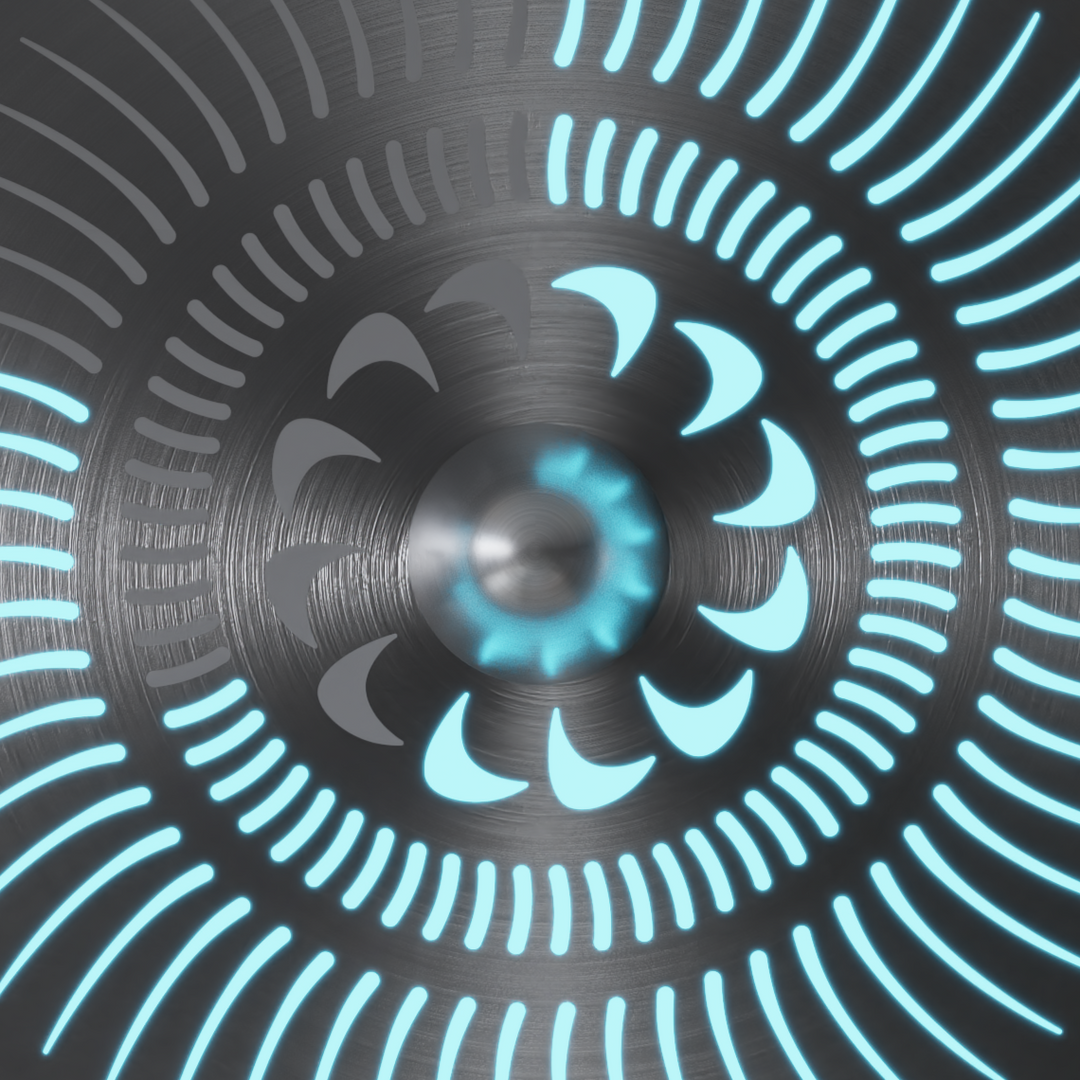 “Tempus Turbine Wall” by Ben Rousseau – a limited-edition illuminated sculpture crafted from polished aluminium and silver mirrored glass with LEDs. Inspired by aviation turbines, it transforms mechanical motion into calm, rhythmic light.

