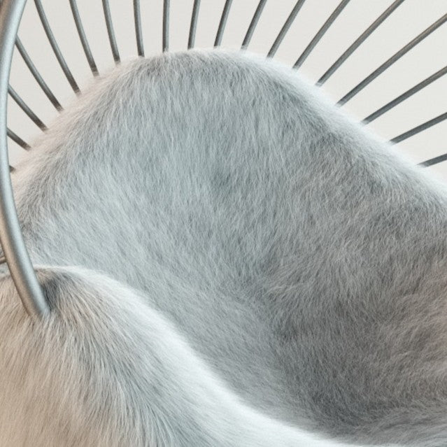 “California Chair – Standing Wolf Fur” by Ben Rousseau – a sculptural statement chair with a circular steel frame and plush faux wolf fur upholstery. Inspired by mid-century California modernism, blending luxury, architecture, and cinematic allure.
