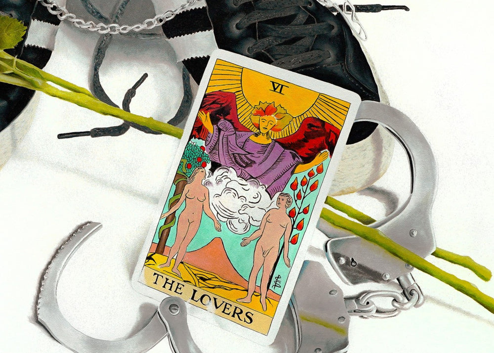 A hyper-realistic still-life painting featuring a pair of black Adidas trainers linked with a metal chain, a red rose placed across them, an open silver pocket watch, a pair of handcuffs and a brightly coloured Lovers tarot card leaning against the shoes. All objects are arranged on a clean white background with crisp lighting and detailed textures.