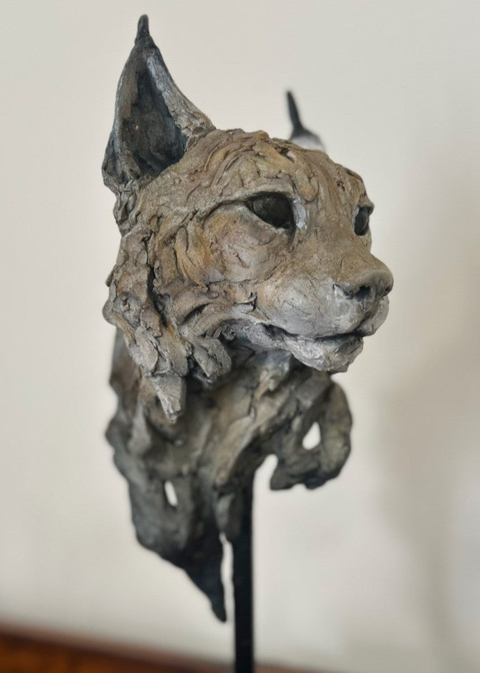 Sculpture of a Eurasian lynx head by Lucy d’Auvergne, cast in slate with raw earth pigments creating warm taupe and grey tones with subtle brown highlights, mounted on a polished granite base.