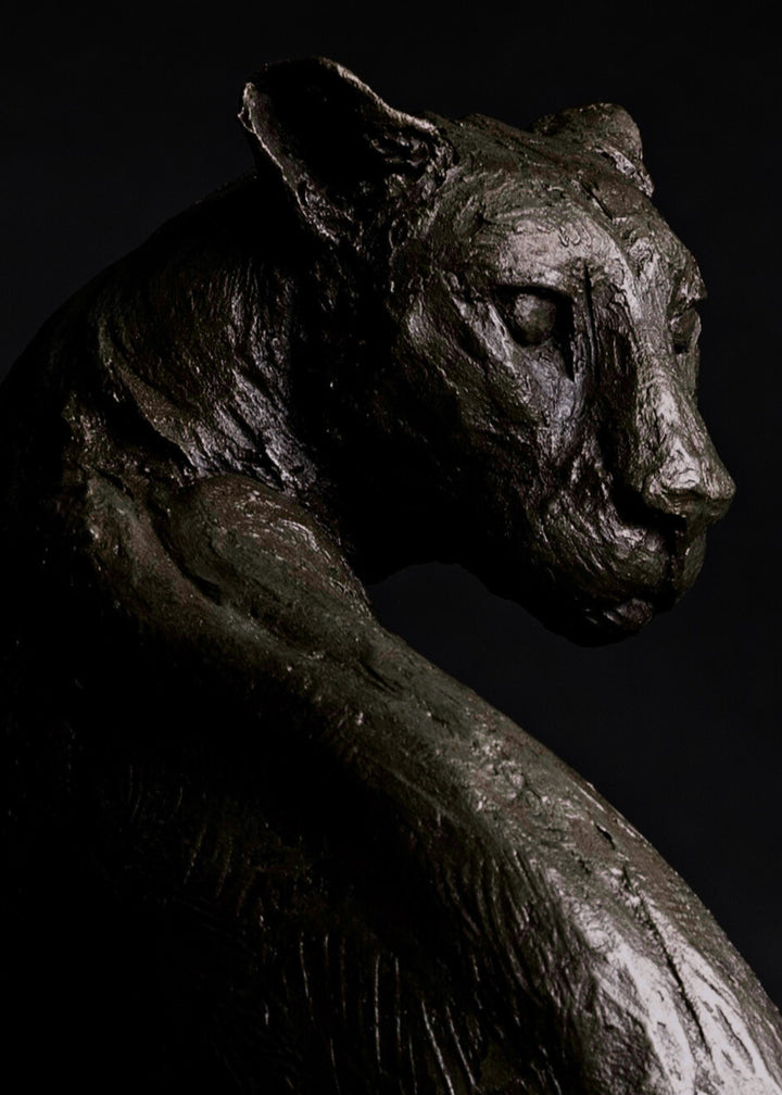 Sculpted panther by Lucy d’Auvergne in dark cold cast bronze with a sleek, muscular form and subtle textured surface, poised on a solid oak plinth against a deep shadowed background.