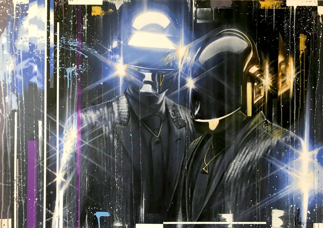‘Daft Punk’ by Kris Hardy, an original contemporary music-inspired portrait painting in oil and acrylic on aluminium, depicting the French electronic music duo wearing their iconic futuristic robot helmets and black leather jackets. Bright white, blue and golden lights reflect across the metallic helmets, while starburst lighting effects, abstract paint splashes, vertical drips and geometric markings create a dramatic composition against a dark background of black, charcoal and deep blue.