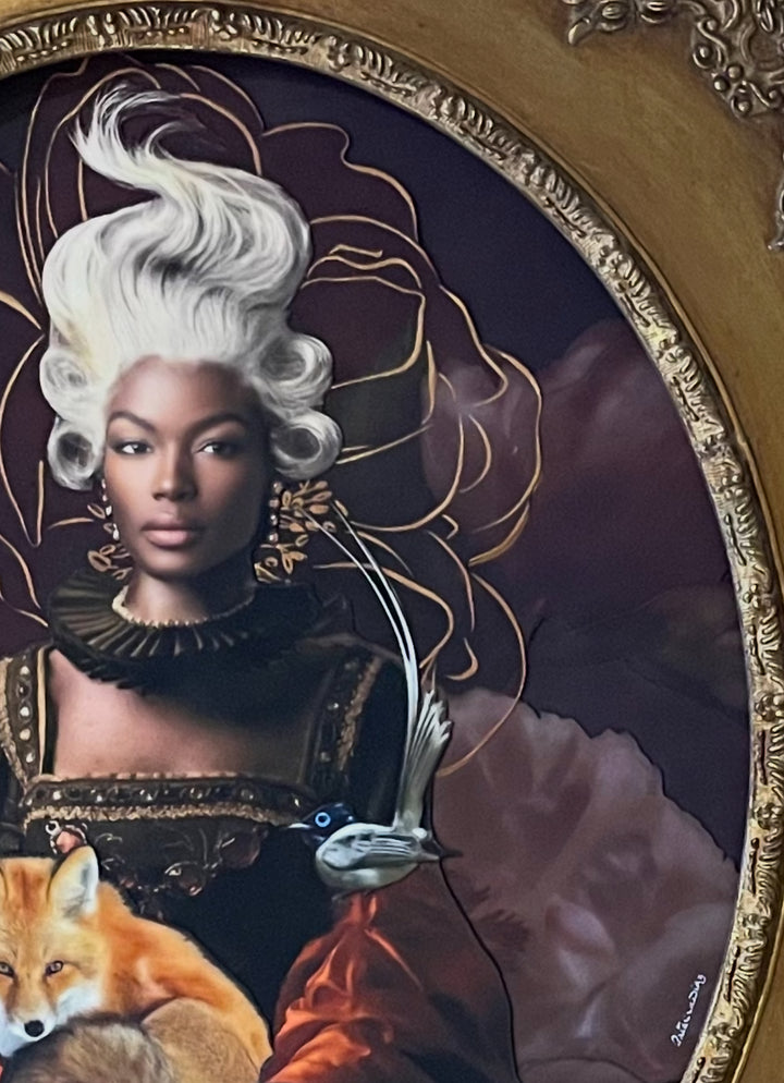 Catarina Diaz’s Between Two Worlds, analogue collage with Somerset Enhanced Velvet and oil on canvas board. Regal Black woman with flowing white hair, fox in her lap, small bird on shoulder, set against deep burgundy floral backdrop in ornate antique frame.