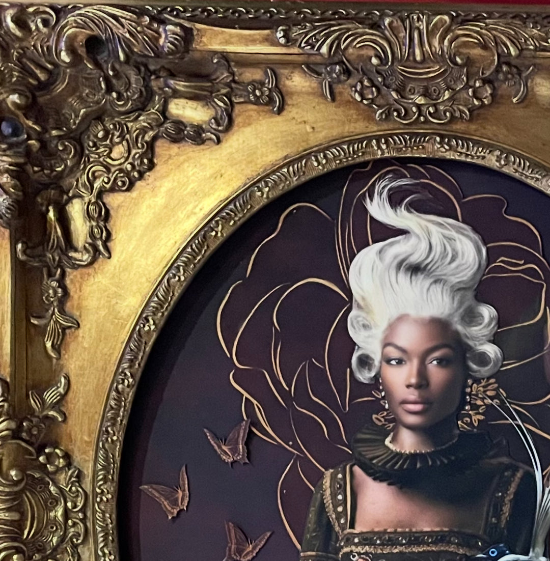 Catarina Diaz’s Between Two Worlds, analogue collage with Somerset Enhanced Velvet and oil on canvas board. Regal Black woman with flowing white hair, fox in her lap, small bird on shoulder, set against deep burgundy floral backdrop in ornate antique frame.