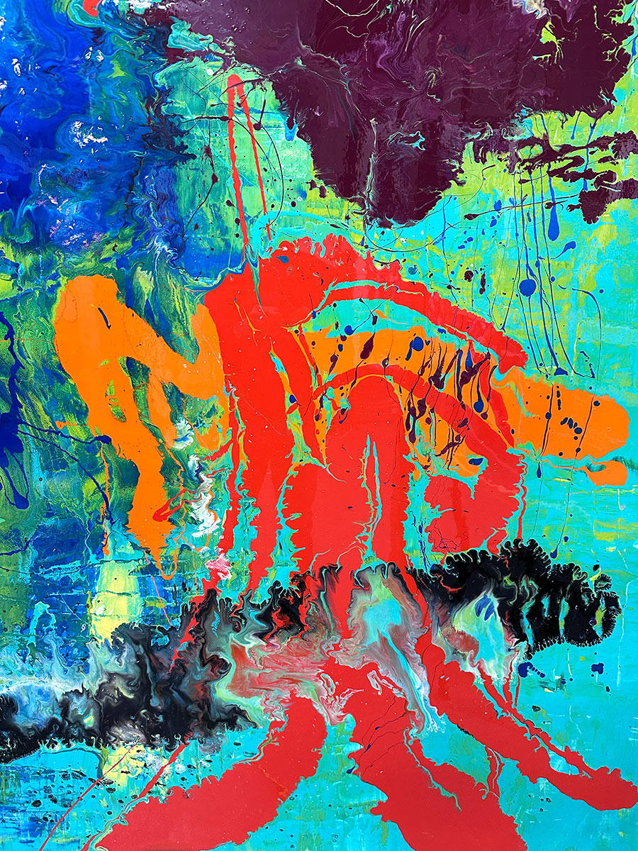 Large abstract painting “Infinite Light” by Swarez — vibrant sweeping strokes of scarlet red, fiery orange and deep burgundy layered over a luminous turquoise and lime green base, with accents of cobalt blue and black. Highly textured enamel surface with bold movement and glossy, light-catching details.