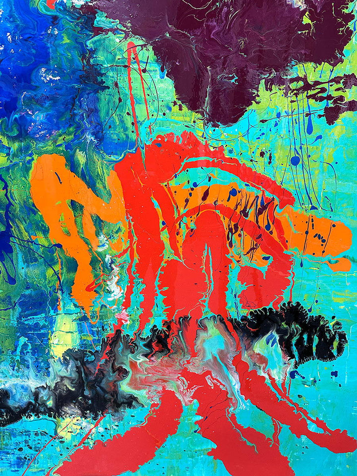 Large abstract painting “Infinite Light” by Swarez — vibrant sweeping strokes of scarlet red, fiery orange and deep burgundy layered over a luminous turquoise and lime green base, with accents of cobalt blue and black. Highly textured enamel surface with bold movement and glossy, light-catching details.