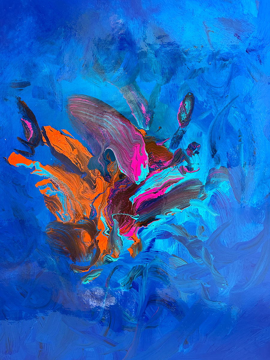 Large abstract painting “Into the Blue” by Swarez — deep ocean-inspired composition with layered shades of cobalt, ultramarine, turquoise, and teal blue. Vivid bursts of fiery orange, vibrant fuchsia, aqua, and rich purple emerge in the centre, with swirling, glossy enamel textures creating movement and depth.