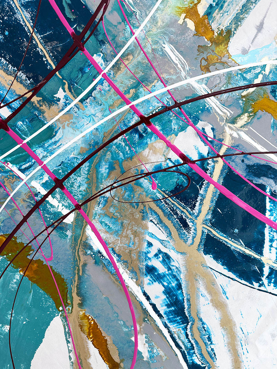 Large abstract painting “Anthus” by Swarez — layered arcs and sweeping semi-circles created with poured enamel paint in deep teal, turquoise, navy blue, warm gold, taupe, light grey, ivory, and accents of vivid magenta and burgundy, finished with a high-gloss, fluid texture on canvas.
