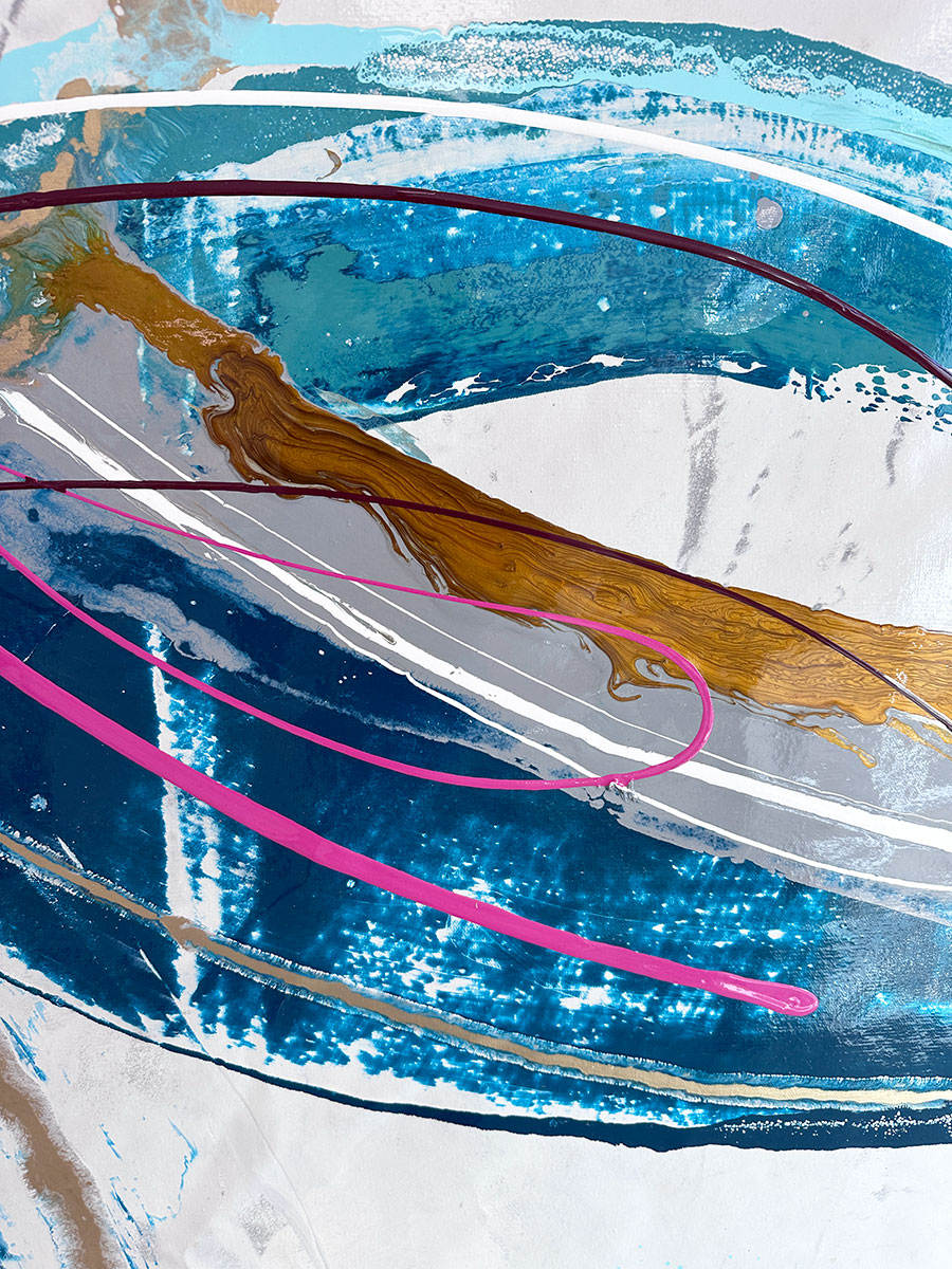 Large abstract painting “Anthus” by Swarez — layered arcs and sweeping semi-circles created with poured enamel paint in deep teal, turquoise, navy blue, warm gold, taupe, light grey, ivory, and accents of vivid magenta and burgundy, finished with a high-gloss, fluid texture on canvas.