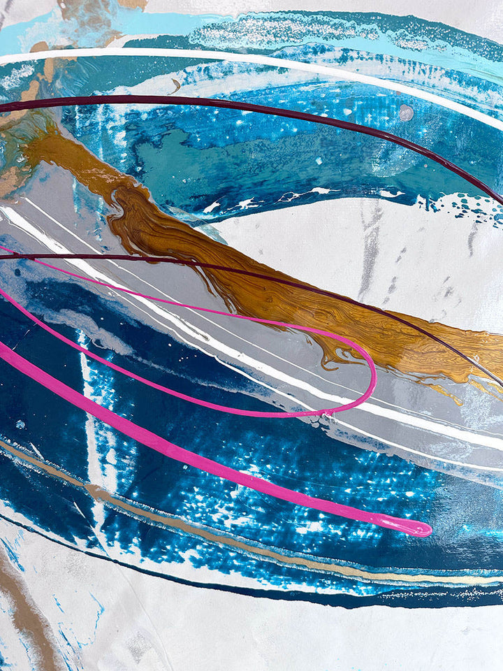 Large abstract painting “Anthus” by Swarez — layered arcs and sweeping semi-circles created with poured enamel paint in deep teal, turquoise, navy blue, warm gold, taupe, light grey, ivory, and accents of vivid magenta and burgundy, finished with a high-gloss, fluid texture on canvas.