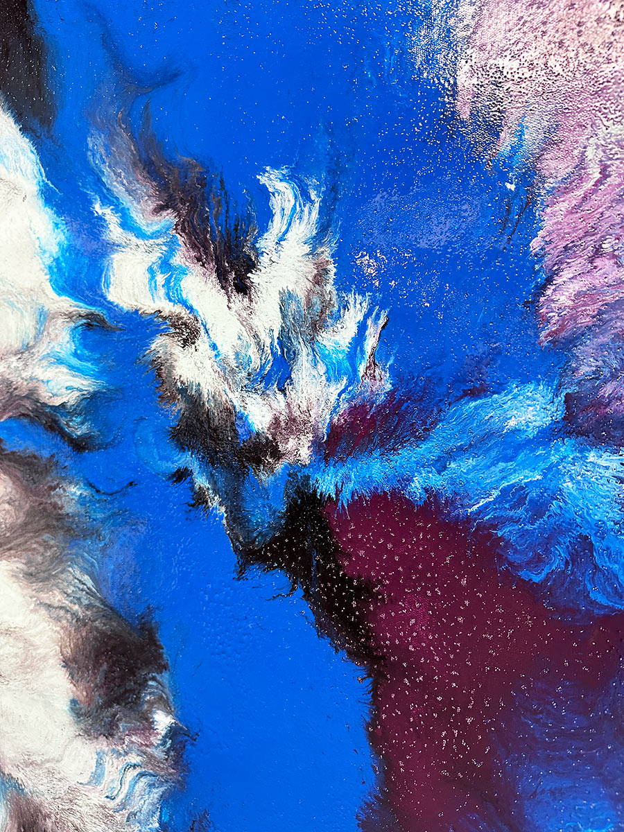 Large abstract painting “Atomic Butterfly” by Swarez — dramatic centrifugal spin art with explosive bursts of cobalt blue, electric turquoise, deep violet purple, crisp white, and black radiating from the centre across a heavily textured enamel surface.