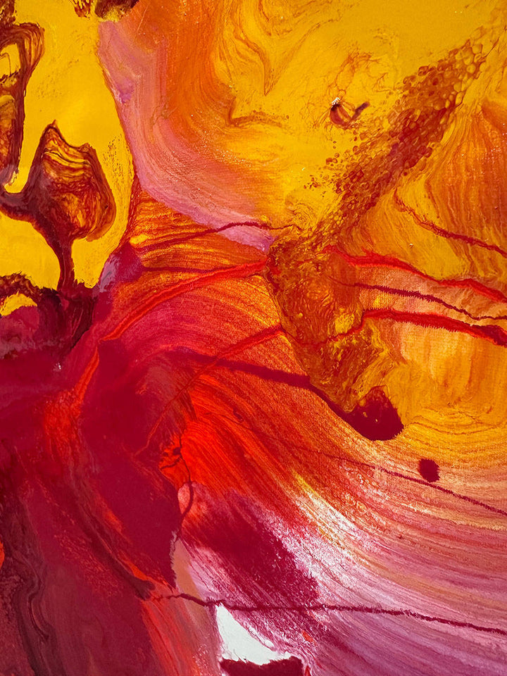 Large abstract painting “Crocosmia” by Swarez — vibrant swirling composition of fiery reds, deep crimson, burnt orange, radiant yellow, and accents of magenta, pink, purple, black, and white. Expressive layered enamel paint with fluid circular motions and botanical-inspired energy.