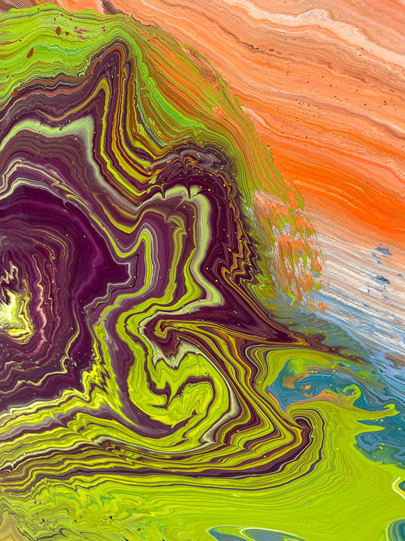 Large vibrant abstract painting “Sun Chaser” by Swarez — a powerful composition of swirling, layered colour featuring vivid yellow bursts cutting across deep oranges, fiery reds, rich magentas, lush greens, electric blues, dark purples and intense black accents. Complex ribbons and rivers of enamel paint create fluid movement and luminous depth on a grand-scale canvas.