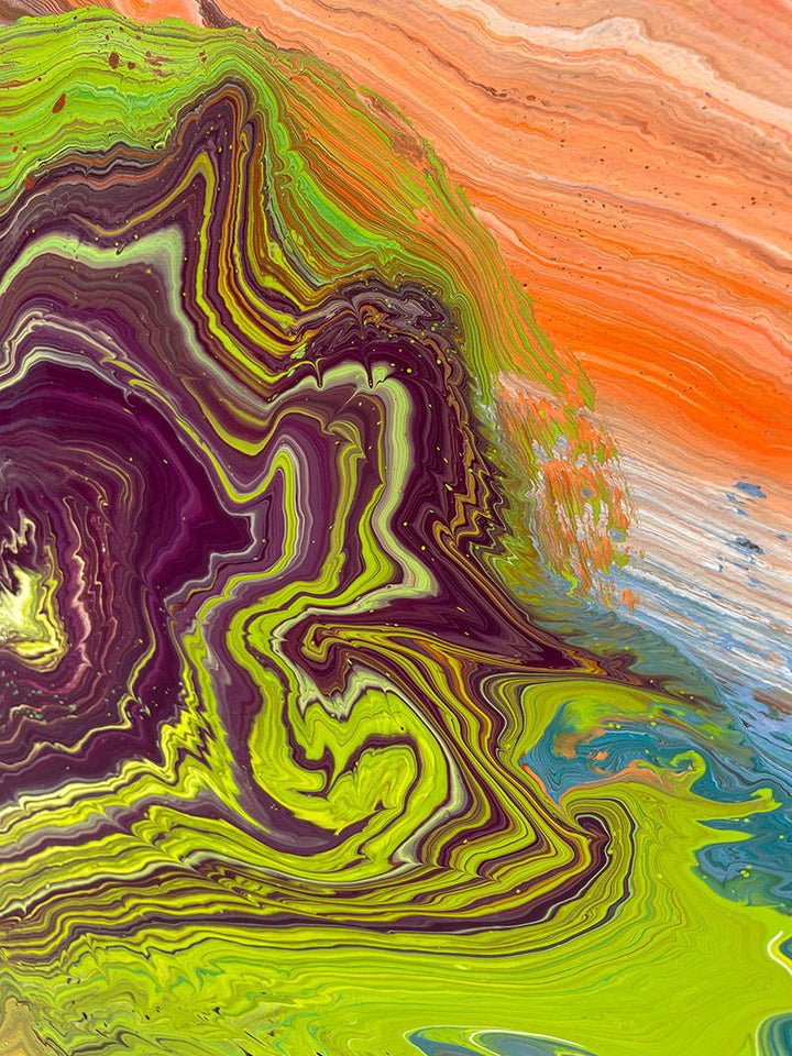 Large vibrant abstract painting “Sun Chaser” by Swarez — a powerful composition of swirling, layered colour featuring vivid yellow bursts cutting across deep oranges, fiery reds, rich magentas, lush greens, electric blues, dark purples and intense black accents. Complex ribbons and rivers of enamel paint create fluid movement and luminous depth on a grand-scale canvas.