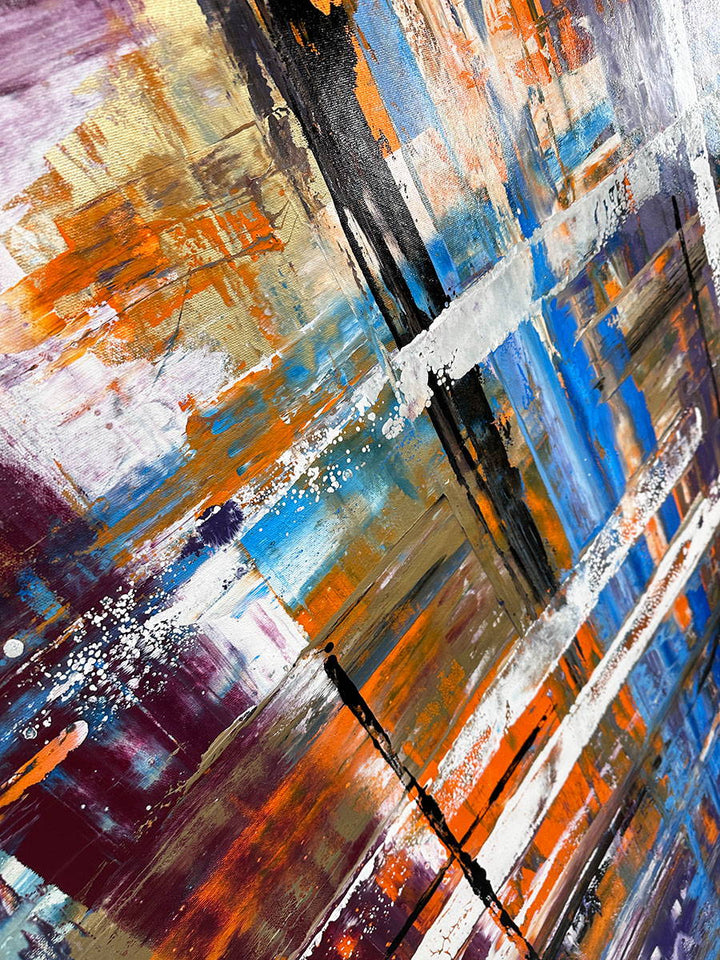Large abstract painting “Harmonia” by Swarez — layered intersecting lines and blocks in vivid cobalt blue, burnt orange, gold, white and black, with deep royal purple and burgundy undertones. Strong white cross overlay creates depth and structure across a richly textured enamel surface.