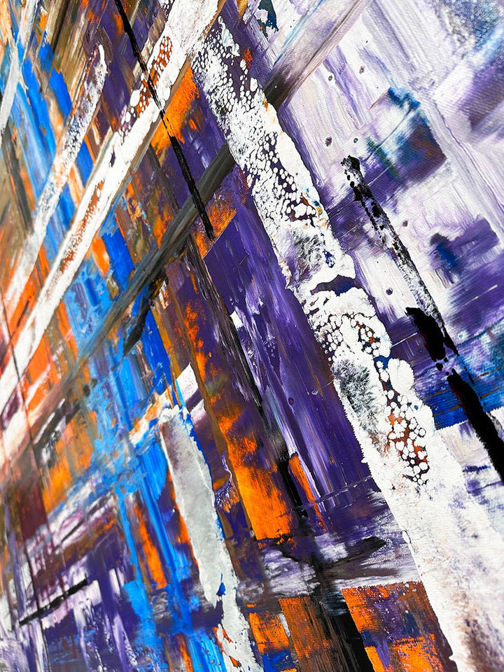 Large abstract painting “Harmonia” by Swarez — layered intersecting lines and blocks in vivid cobalt blue, burnt orange, gold, white and black, with deep royal purple and burgundy undertones. Strong white cross overlay creates depth and structure across a richly textured enamel surface.