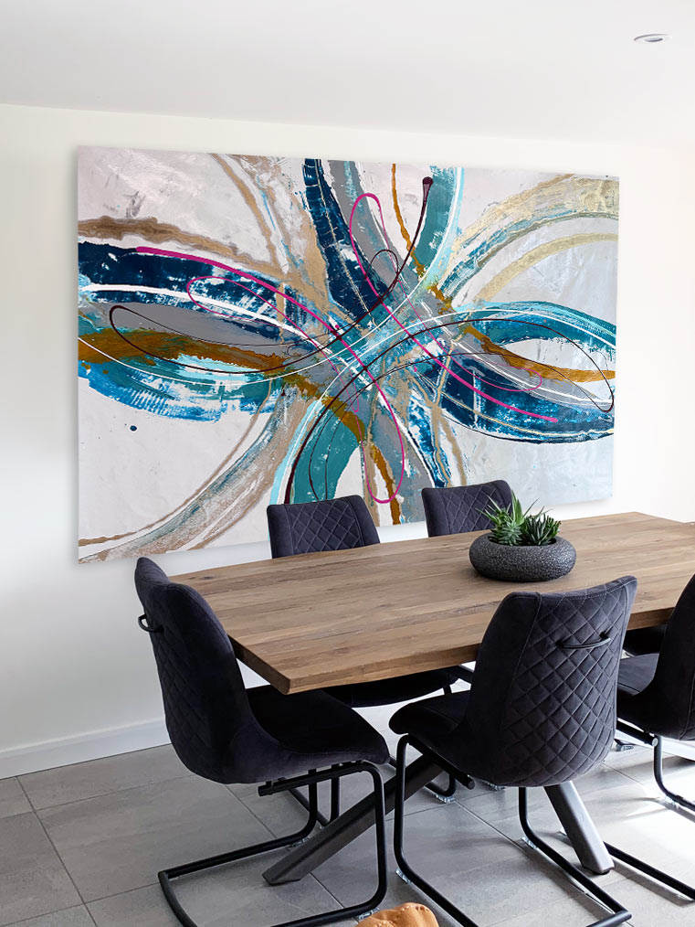 Large abstract painting “Anthus” by Swarez — layered arcs and sweeping semi-circles created with poured enamel paint in deep teal, turquoise, navy blue, warm gold, taupe, light grey, ivory, and accents of vivid magenta and burgundy, finished with a high-gloss, fluid texture on canvas.