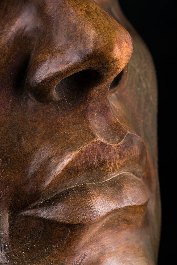 Striking bronze head sculpture with eyes closed, featuring detailed fern fronds etched across the face and neck. The patinated surface reveals rich earthy tones of copper, brown, and deep green, blending human expression with botanical texture. Displayed both indoors and in a garden setting, the serene face evokes mindfulness, stillness, and a deep connection with nature. This piece reflects themes of ecological awareness and the hidden communication of trees through mycelium networks.