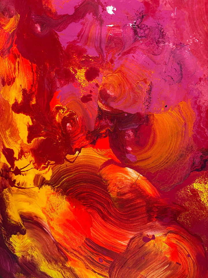 Large abstract painting “Crocosmia” by Swarez — vibrant swirling composition of fiery reds, deep crimson, burnt orange, radiant yellow, and accents of magenta, pink, purple, black, and white. Expressive layered enamel paint with fluid circular motions and botanical-inspired energy.