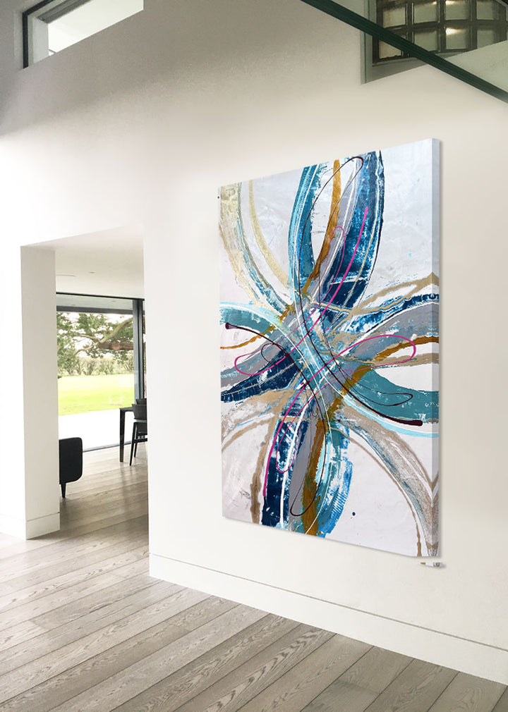 Large abstract painting “Anthus” by Swarez — layered arcs and sweeping semi-circles created with poured enamel paint in deep teal, turquoise, navy blue, warm gold, taupe, light grey, ivory, and accents of vivid magenta and burgundy, finished with a high-gloss, fluid texture on canvas.