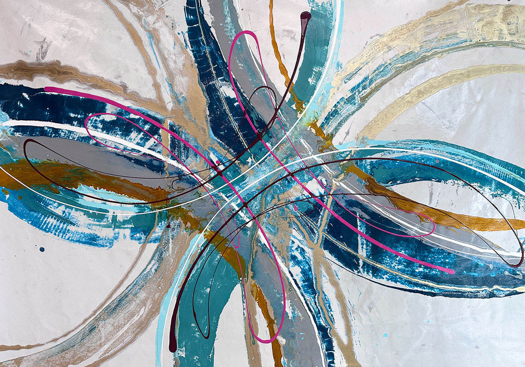 Large abstract painting “Anthus” by Swarez — layered arcs and sweeping semi-circles created with poured enamel paint in deep teal, turquoise, navy blue, warm gold, taupe, light grey, ivory, and accents of vivid magenta and burgundy, finished with a high-gloss, fluid texture on canvas.