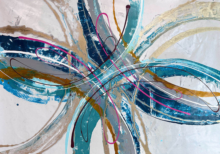 Large abstract painting “Anthus” by Swarez — layered arcs and sweeping semi-circles created with poured enamel paint in deep teal, turquoise, navy blue, warm gold, taupe, light grey, ivory, and accents of vivid magenta and burgundy, finished with a high-gloss, fluid texture on canvas.