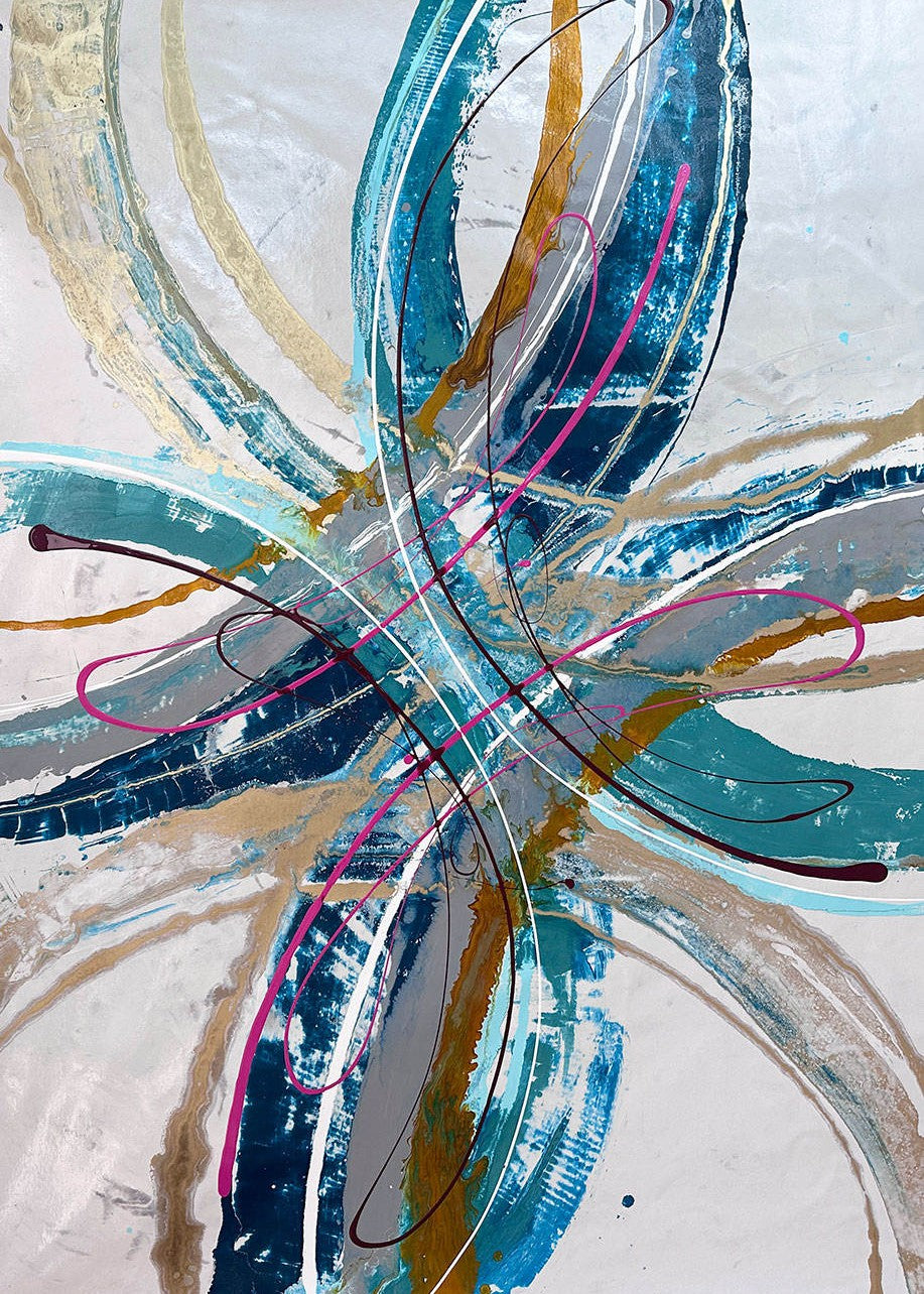 Large abstract painting “Anthus” by Swarez — layered arcs and sweeping semi-circles created with poured enamel paint in deep teal, turquoise, navy blue, warm gold, taupe, light grey, ivory, and accents of vivid magenta and burgundy, finished with a high-gloss, fluid texture on canvas.