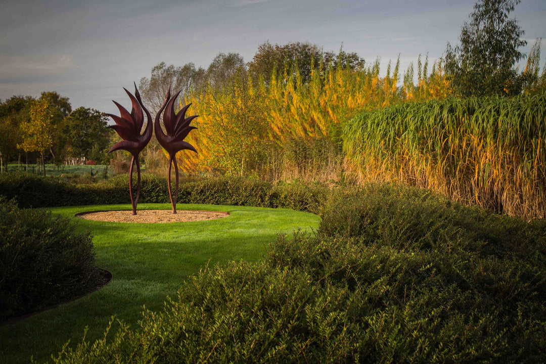 Simon Gudgeon bronze sculpture Dancing Cranes featuring elegant crane-inspired organic forms with sweeping upward curves displayed within a landscaped garden setting.