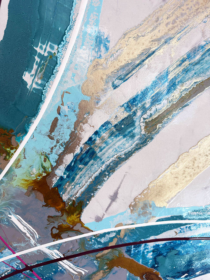 Large abstract painting “Anthus” by Swarez — layered arcs and sweeping semi-circles created with poured enamel paint in deep teal, turquoise, navy blue, warm gold, taupe, light grey, ivory, and accents of vivid magenta and burgundy, finished with a high-gloss, fluid texture on canvas.