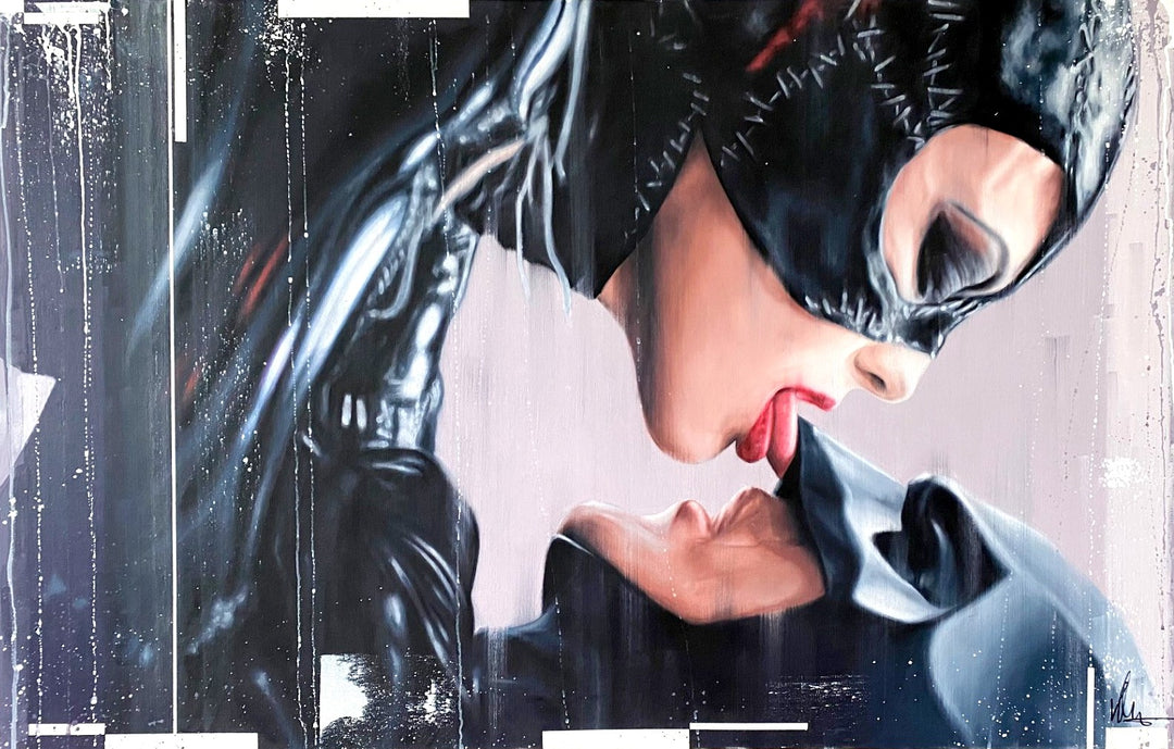 ‘Good Girls Go to Heaven, and Bad Girls Go Everywhere’ by Kris Hardy, an original contemporary figurative painting in oil and acrylic on aluminium, depicting Catwoman leaning towards Batman in an intimate close-up composition. Catwoman wears a glossy black mask and leather-look costume, with vivid red lips and her tongue extended towards Batman's face. The two iconic characters are painted in realistic detail against an abstract background of charcoal, grey, white and pale pink, with expressive paint drips,