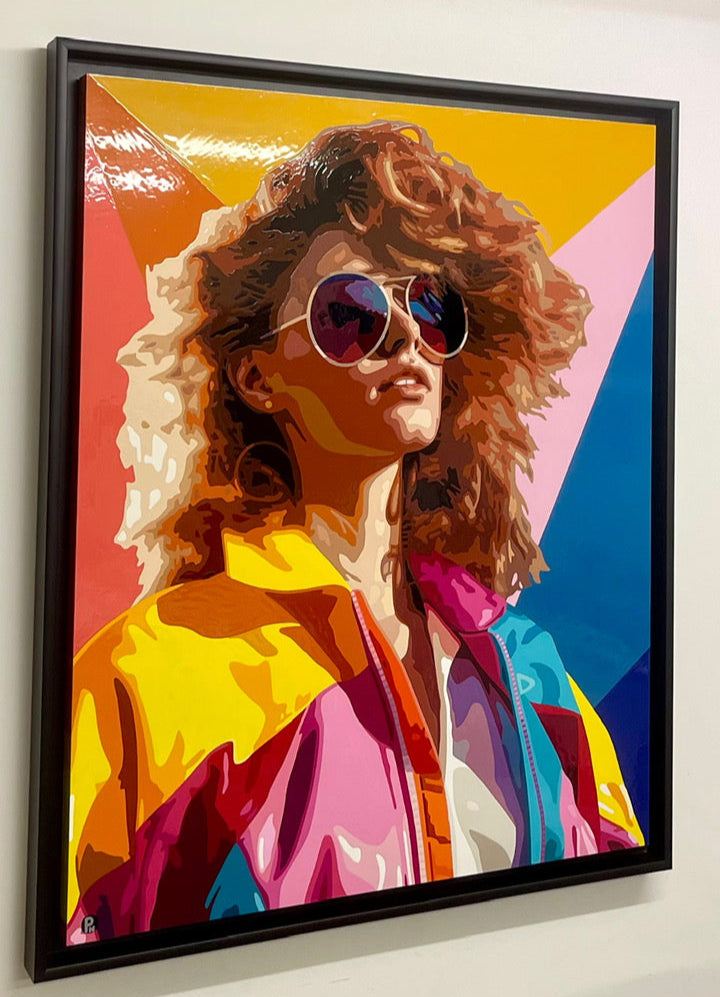 Bold pop art portrait of a woman in vibrant retro jacket and oversized sunglasses.
