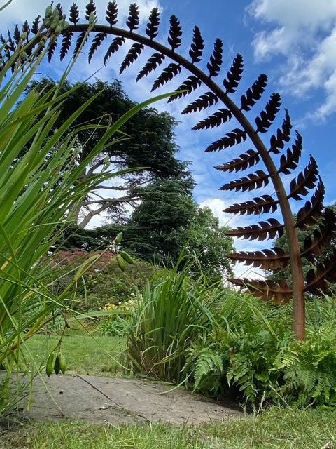 Towering corten steel fern sculptures form elegant archways within a lush garden landscape. Each sculptural frond, handcrafted from weathered steel, curves gracefully overhead and is designed as a water feature, releasing timed droplets into a pool below to create a tranquil, rhythmic ripple effect.