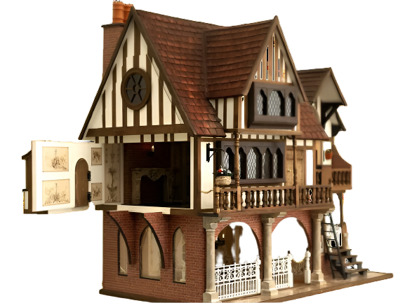 Handcrafted Tudor-style dolls house with timber-framed facade, brick base, arched entryways, and ornate balcony details.