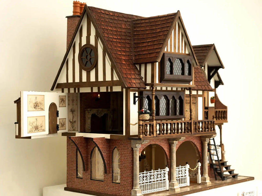 Handcrafted Tudor-style dolls house with timber-framed facade, brick base, arched entryways, and ornate balcony details.